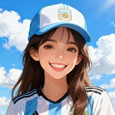 一位戴着阿根廷队帽子的女性球迷用户头像，笑容阳光，背景为蓝天白云